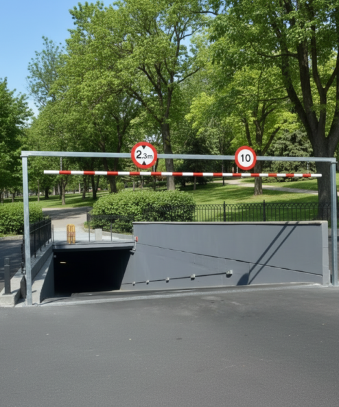 Barre limiteur de hauteur avec portique, sur mesure en acier galvanisé – Panneaux : inclus et installés – Longueur de la barre (mm) : 5 200 – Hauteur de la chaîne (mm) : 2 850 – Installation incluse