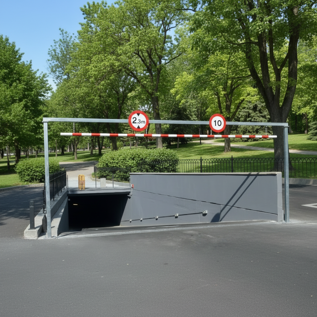 Barre limiteur de hauteur avec portique, sur mesure en acier galvanisé – Panneaux : inclus et installés – Longueur de la barre (mm) : 5 200 – Hauteur de la chaîne (mm) : 2 850 – Installation incluse Barre limiteur de hauteur avec portique, sur mesure en acier galvanisé – Panneaux : inclus et installés – Longueur de la barre (mm) : 5 200 – Hauteur de la chaîne (mm) : 2 850 – Installation incluse