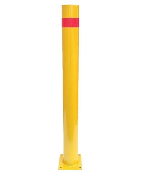 Potelet de sécurité fixe jaune Ø 80 × 800 mm sur platine, bande réfléchissante
