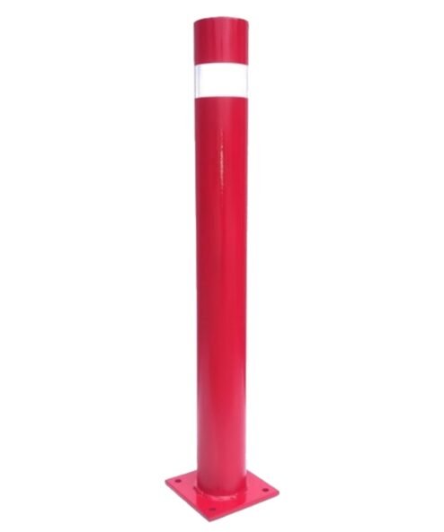 Potelet de sécurité fixe rouge Ø 80 × 800 mm sur platine, bande réfléchissante