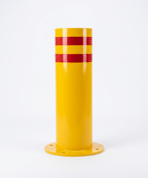 Borne de haute sécurité fixe jaune Ø 220 × 750 mm sur platine, double bande réfléchissante