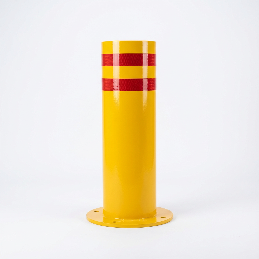 Borne de haute sécurité fixe jaune Ø 220 × 750 mm sur platine, double bande réfléchissante Borne de haute sécurité fixe jaune Ø 220 × 750 mm sur platine, double bande réfléchissante