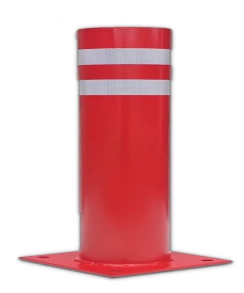 Borne de haute sécurité fixe rouge Ø 220 × 800 mm sur platine, double bande réfléchissante